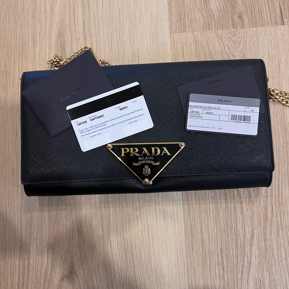 Never Used! Prada Black Clutch with Gold Chain